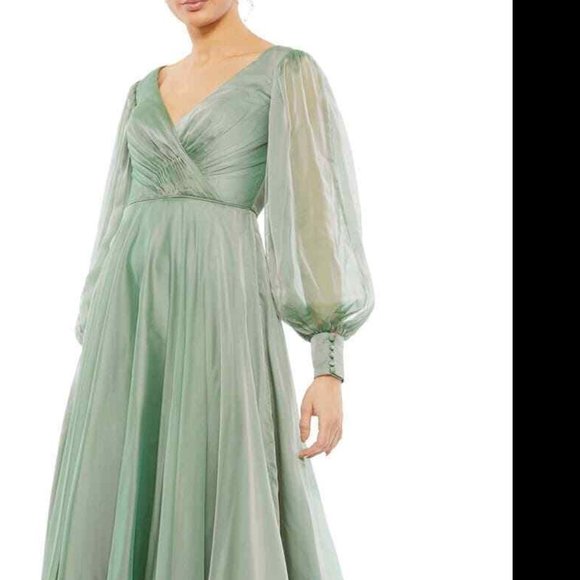 NEW Mac Duggal  Sheer Blouson Sleeve Sage Green Surplice Gown 67873 Dress - Picture 2 of 8